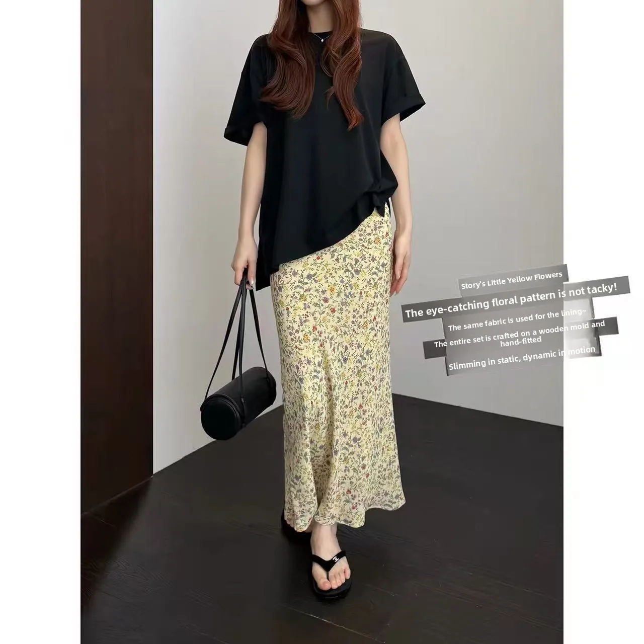 

Summer Yellow Flower Print Halter Neck Dress Strong Twist Silk Eco-Friendly Floral A-Line Skirt High Waist Women's Skirt