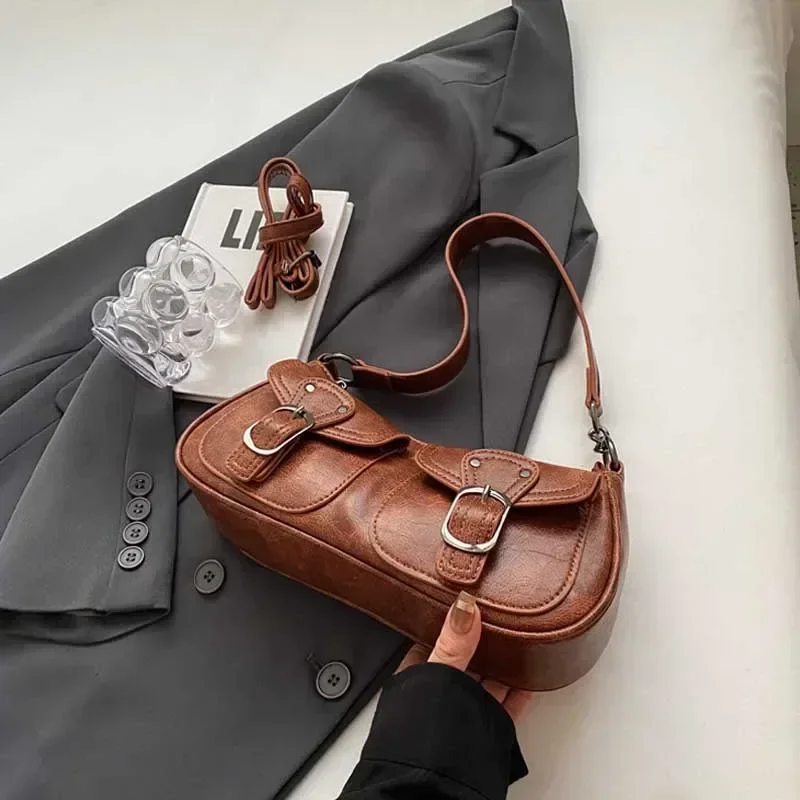 Fashion Double Pockets Design PU Leather Shoulder Bag for Women 2023 Tend Female Crossbody Bag Underarm Bags Handbags bolsa