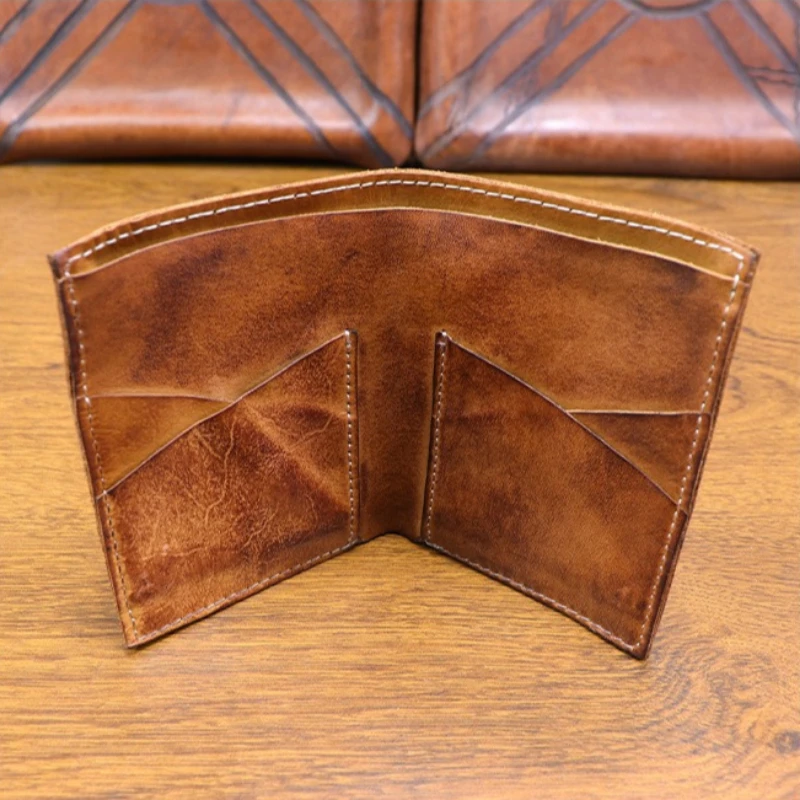 Multi-Color Retro Men's Short Wallet Handmade Distressed Vegetable Tanned Leather Multi-Card Slots Cowhide Leather Cash Holder