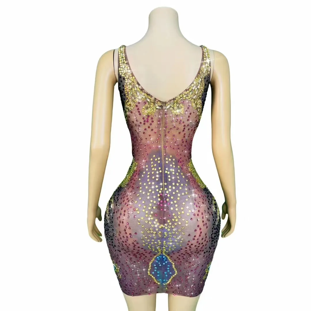 Seksowna scena specjalna błyszcząca dżetów sukienka z wąską talią kobiety koktajlowe przyjęcie urodzinowe wieczór wykonaj strój do sesji zdjęciowej