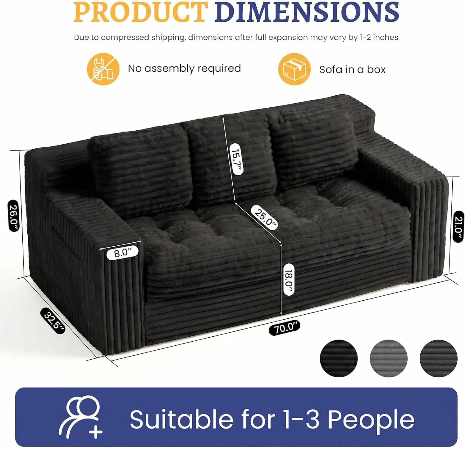 Boneless Couch, Cloud Loveseat Sofa Corduroy Couch in a Box, Upholstered Boneless 3 Seater Couch for Living Room Bedroom Office