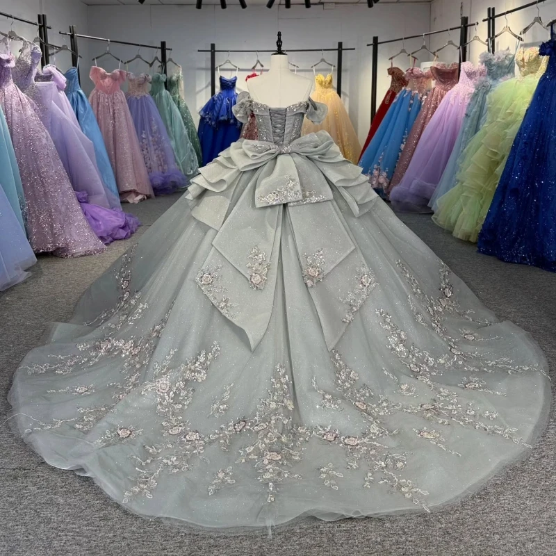 Grayish Green Shiny Quinceanera Dresses Off The Shoulder Sequin Applique Lace Beading Crystal Tull Corset Party Birthday Sweet