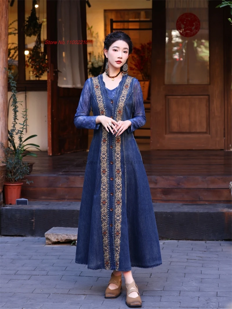 2024 chinese traditional hanu dress vintage sleeveless denim dress national flower embroidery improved dress a-line loose dress