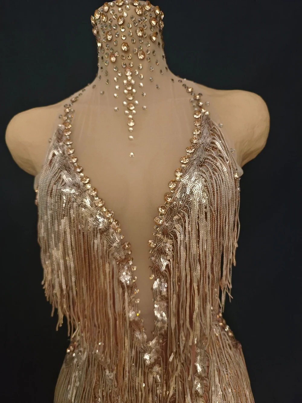 Nappe con strass dorati scintillanti Compleanno Festeggia abito da sera Donna Sexy trasparente Performance Costume da ballo Abbigliamento da palcoscenico