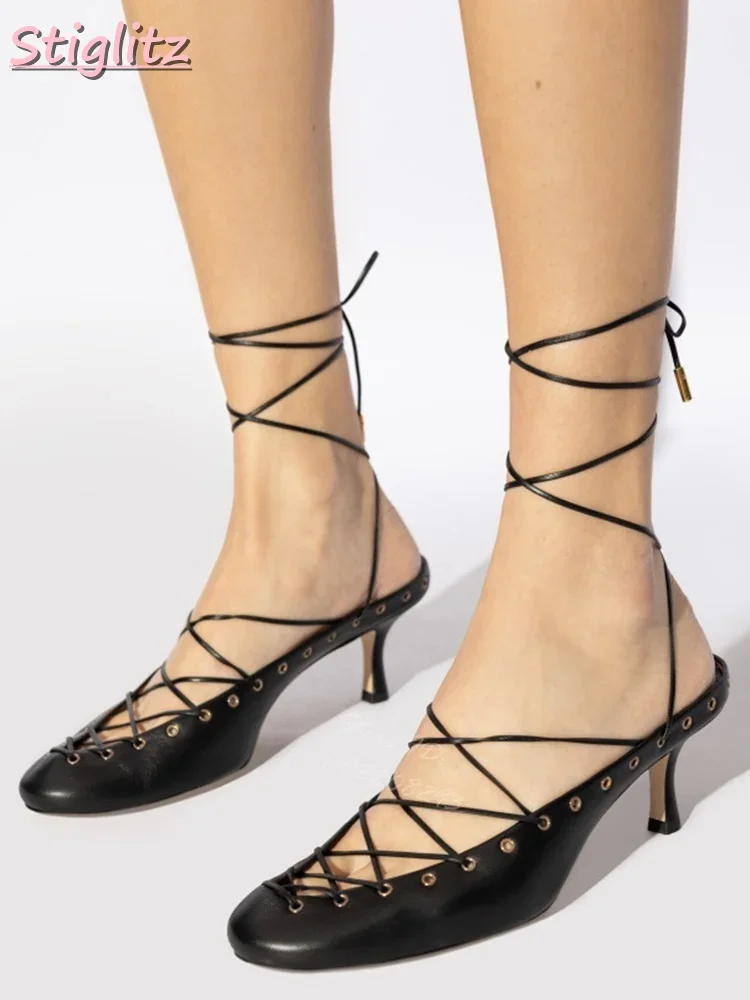 

Туфли-лодочки в стиле ретро с перекрестной завязкой, круглый носок, неглубокие сандалии на плоской подошве с ремешками сзади, высокие каблуки, весна 2024, новая модная женская обувь