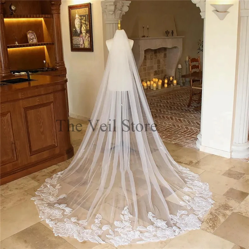 Large Embroidered Organza Flowers Floral Bridal Wedding Veils Cathedral Accessories Ivory Long Unique For Brides Customized
