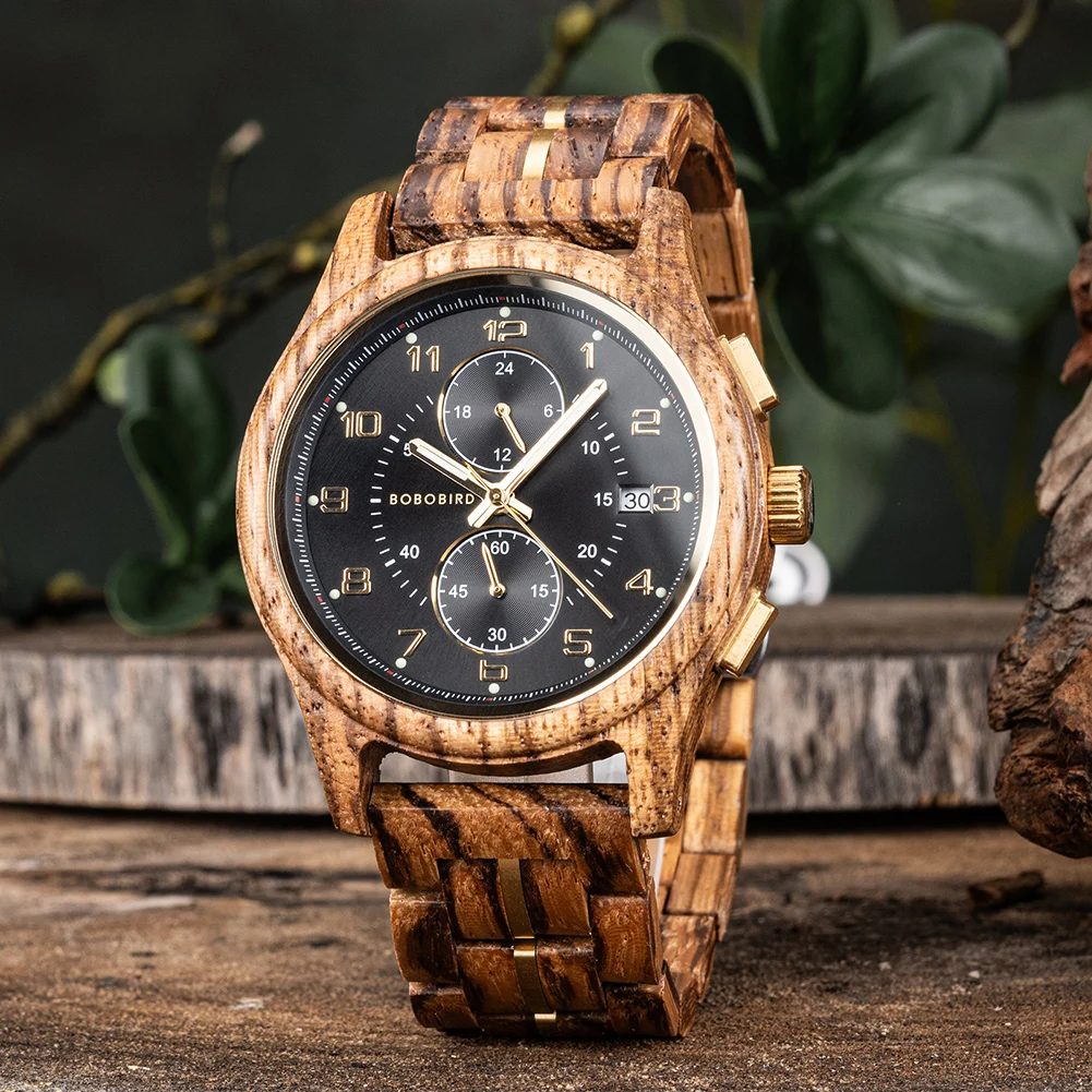 Engraved Wooden Watch for Men BOBO BIRD Chronograph Wristwatch with Luminous Hands Custom Wood Watches Anniversary Gift for Him