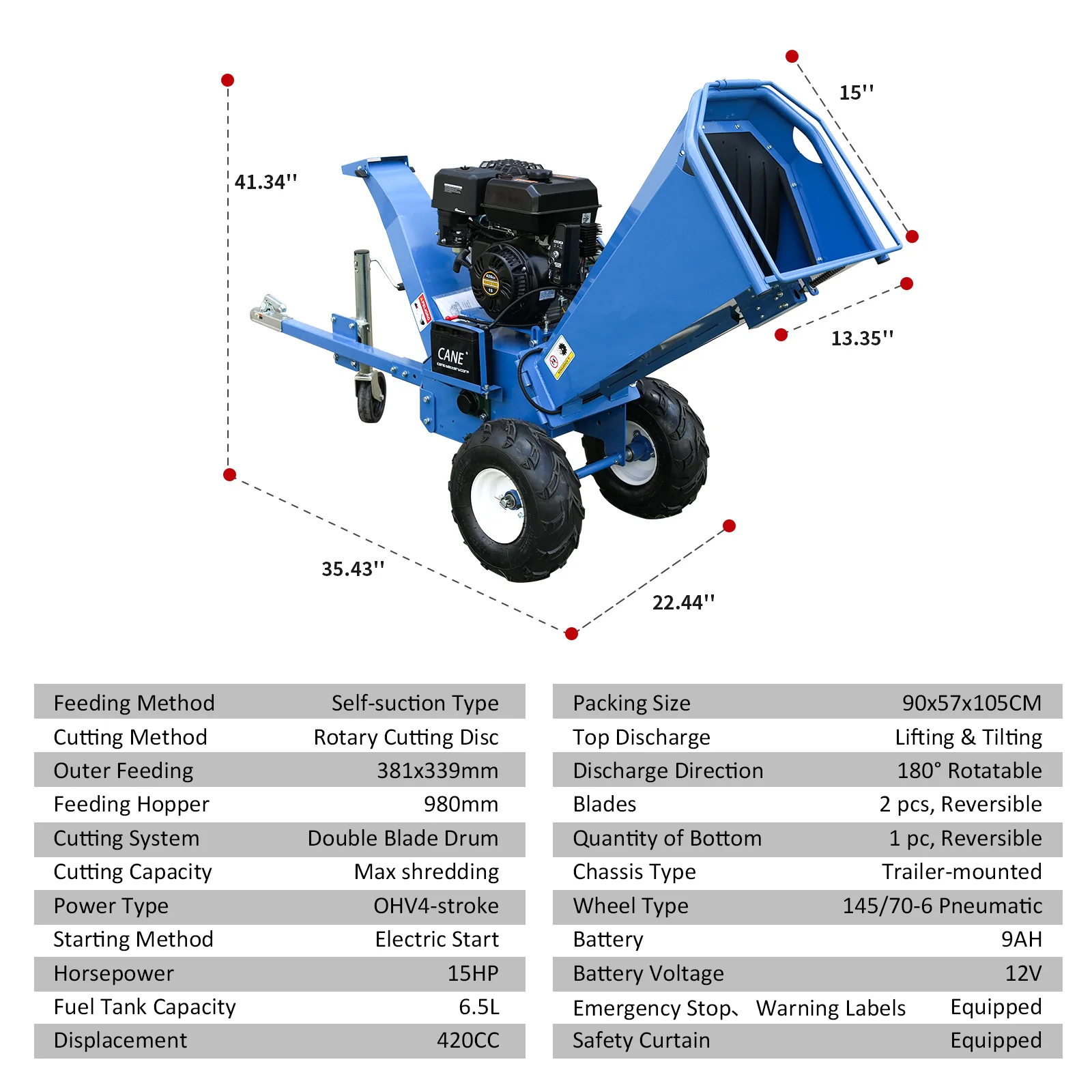 Wood Branch Chipper 15HP 420CC, Electric Start Trailer Mounted Shredder, 180°Rotatable Chute for Farm Orchard Waste Disposal Free Shipping