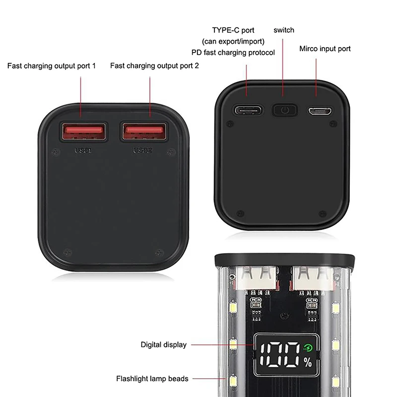 8*18650 Power Bank Case Lighting 22.5W Fast Charging Dual USB Charge No Welding Power Bank Shell Detachable Battery Storage Box