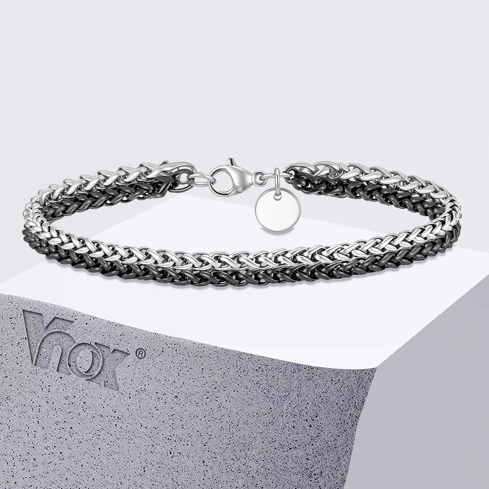 

Vnox Double Layer Bracelets for Men, Two-tone Black and Silver Color Stainless Steel Foxtail Chain Bracelet, Trendy Jewelry Gift