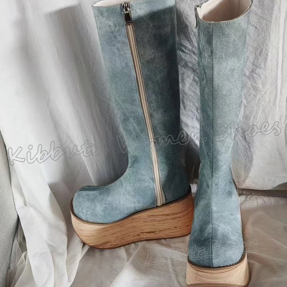 

Suede Knee High Boots Zipper Platform Wooden Heels Spicy Girls Shoes Height Increasing Round Toe Fashion Luxury Elegant Newest