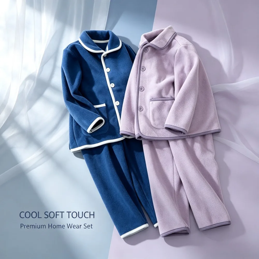 Kids Button Front Loungewear Set Antibacterial Warm Fleece Self-Heating Pajamas Boys Girls Winter Cozy Home Clothes Sleepwear