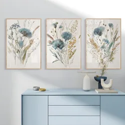 Vintage Blue Beige Wild Flowers Minimal Botanical Farmhouse Art Poster Canvas Painting Wall Print Picture Living Room Home Decor