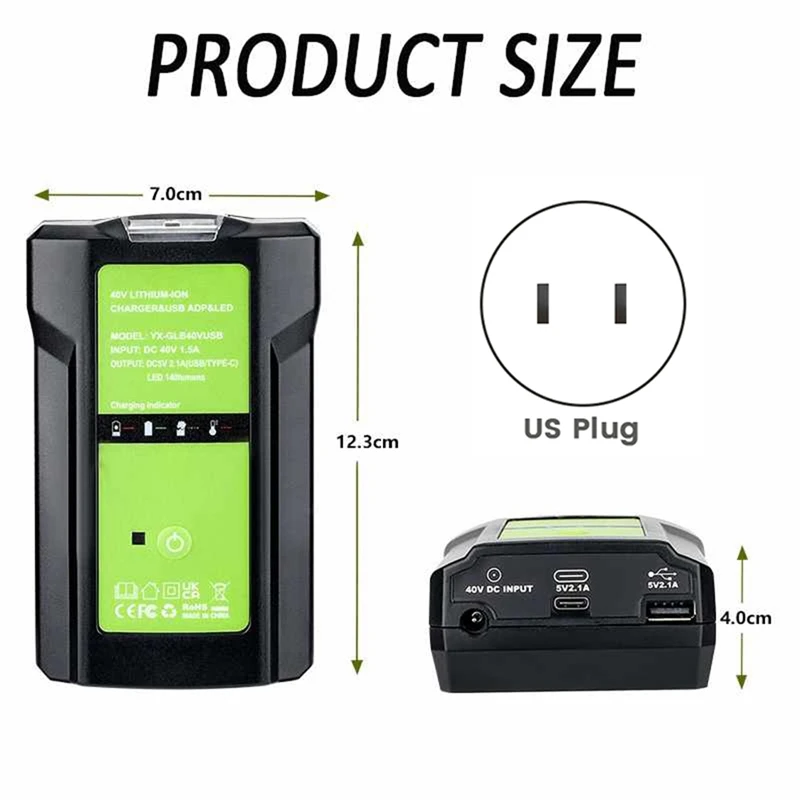 GLB40V Adapter Light For Greenworks Glibo 36-40V Lithium Batteries Overcharge Protection Electric Tool US Plug Easy Install
