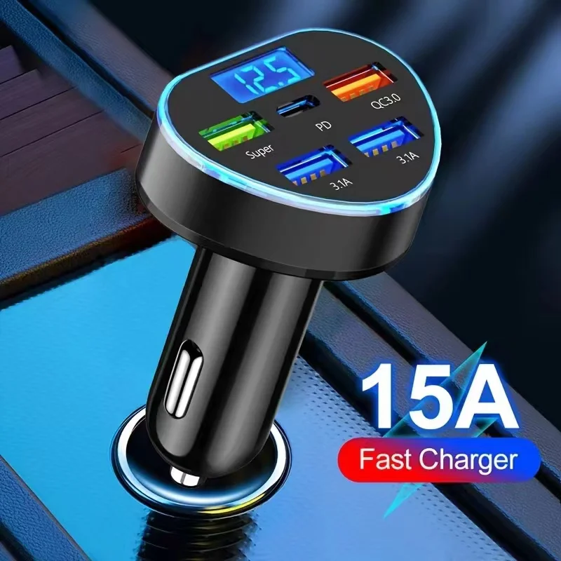 66W PD Car Charger QC3.0 Fast Charging Car Cigarette Lighter Plug Car Charger with Digital Display for Samsung Huawei iphone