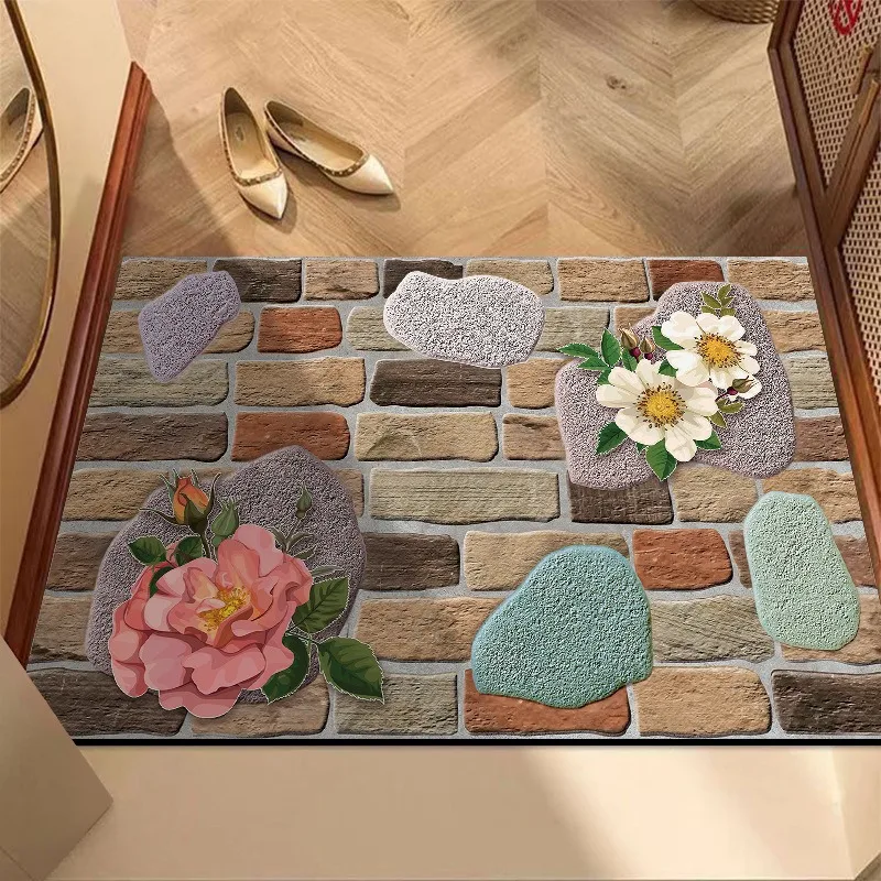 

Optical Illusion Rug Modern 3D Flowers Stone and Brick Road Long Runner Rug Soft Anti-Slip Washable Low Thin Area Carpet