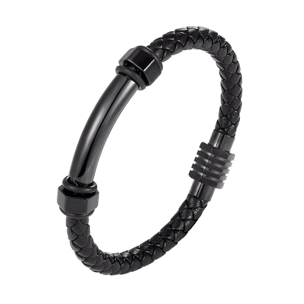 Newest Fashion Leather Bracelet Men Black Braid Stainless Steel Bracelet Magnetic Buckle women Bracelets Jewelry Christmas Gifts