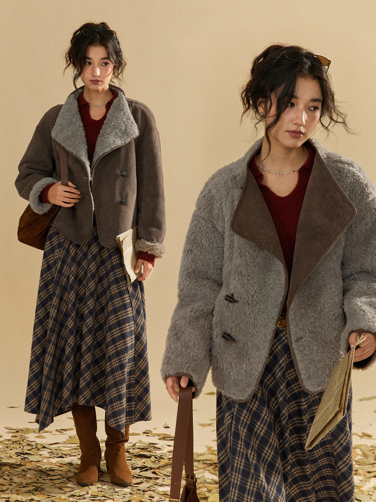 Solighter 00 ウール両面着用レザーファー一体型ジャケット女性の秋冬新スタイルふわふわアウター