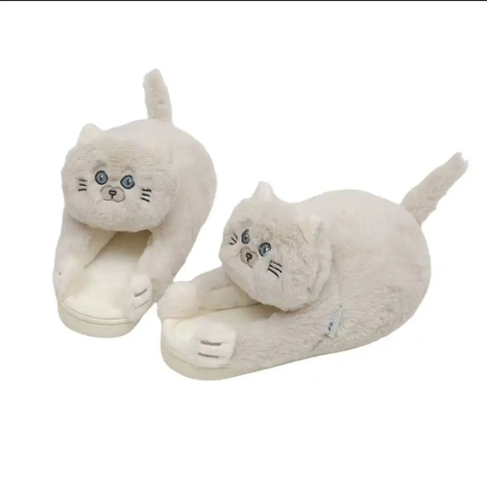 Slippers Cuddly Hug Cat  Women Men Winter Home Slides Floor Shoes Furry Slippers Girl White Mules Funny Cute Gift Slippers