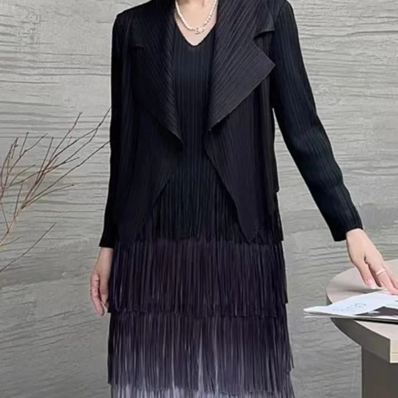 Miyake Pleated Women\'s Skirt Suit 2024 Autumn and Winter French High-end Gradient Tassel Dress Suit Collar Cardigan Jacket Women