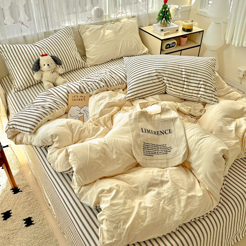 Striped Bedding Set Korean Style Duvet Cover Set Flat Sheets Single Twin Double Size Bed Linen Back To School Season
