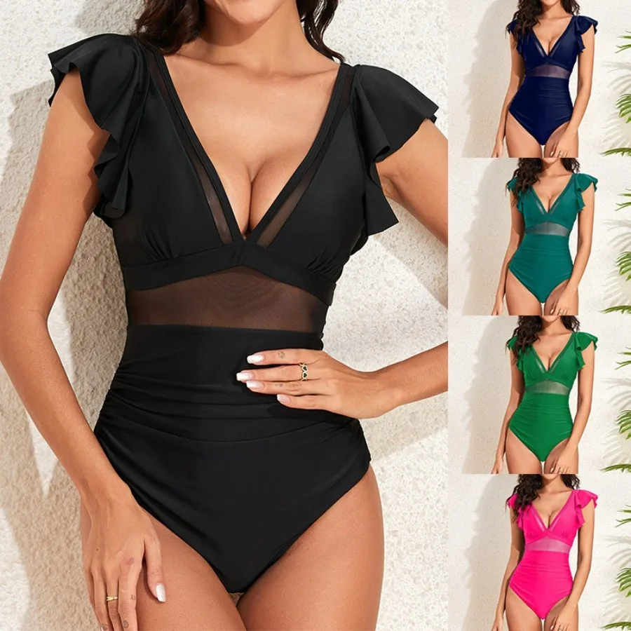 

New 2024 Women's Sexy Black One Piece Swimsuit Patchwork See Through Ruffles V Neck Backless Swimwear Bathing Suit Slim Monokini