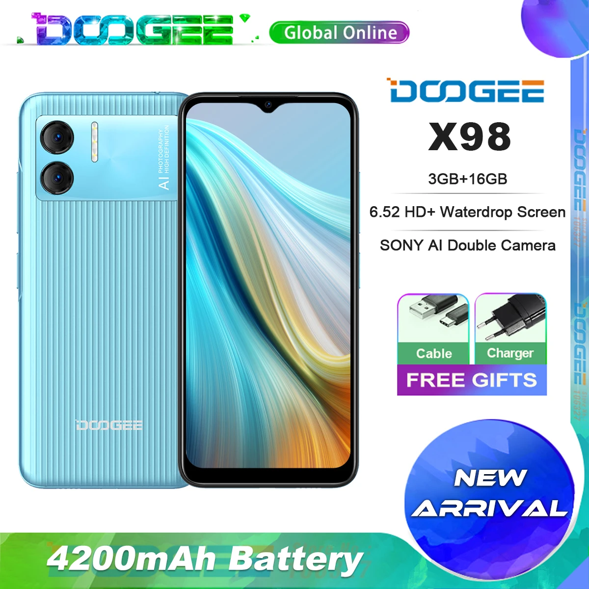 

DOOGEE X98 Android 12 Phone 6.52"HD Display Helio A22 Octa Core 3GB+16GB Cellphone 8MP AI Double Camera 4200mAh battery