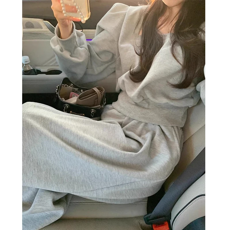 Chic Simple Spring Square Collar Loose Long Sve Sweatirt Elastic Waist Wide Leg Pants Set Faionable Ensemble