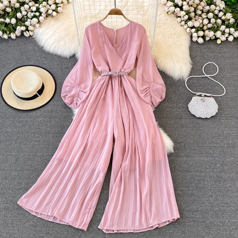 Spring Fashion High Waist Slimming V-Neck Dress Pant Long Sleeve Pleated Wide Leg Pants One-Piece Suit Office Commute Style