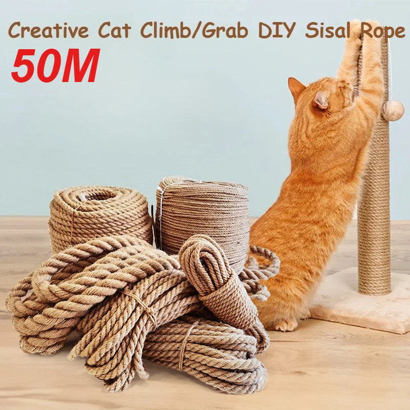 50M Katzen-DIY-Sisalseil, Katzen-Kletter- und Kratzgestell, Spezielles Baumwollseil, Widerstandsfähiges Kratz- und Schleifseil, Katzenspielzeug-Seil - 4/6/8mm