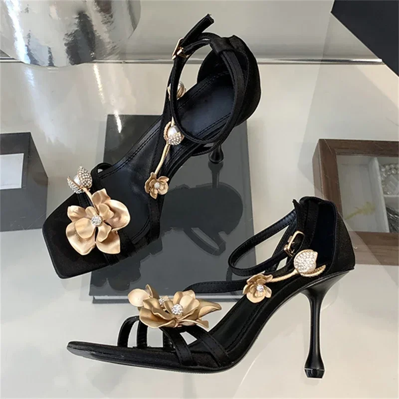 New Metallic Flower Elegant Women Thin High Heels Luxury Buckle Strap Open Toe Heeled Sandals Banquet Female Sexy Stripper Pumps