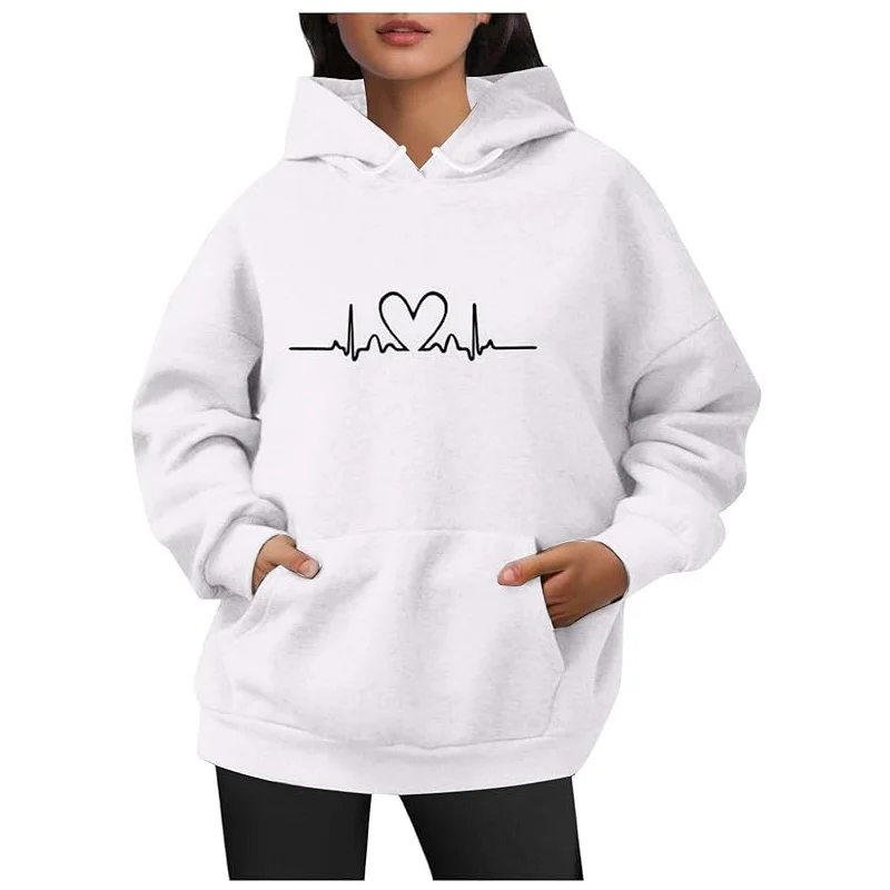 

Чехол с капюшоном с рисунком сердца ЭКГ для повседневной женской толстовки с длинным рукавом, модный топ с карманами для весны и осени