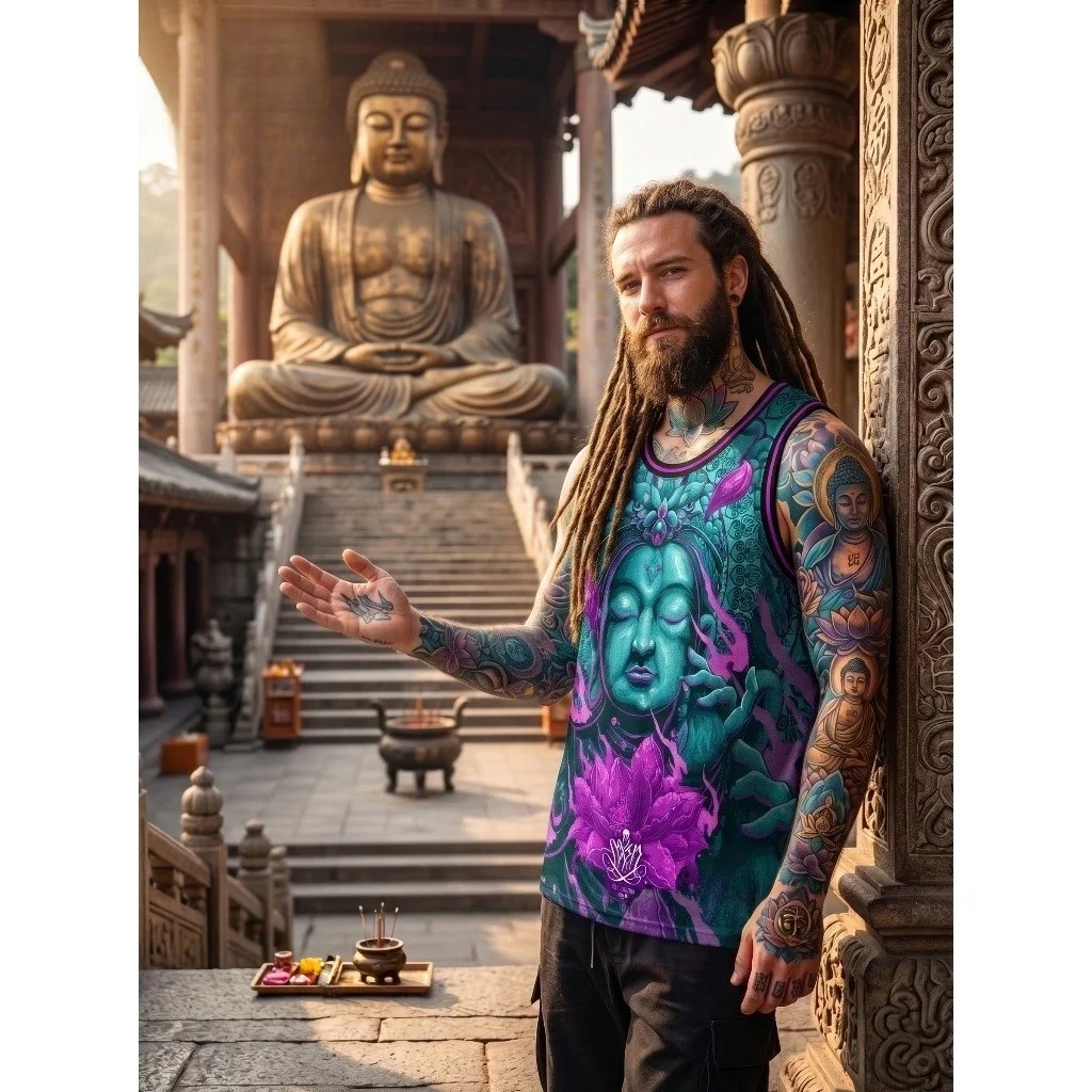 Lightweight Cycling Tank Top—featuring A Vibrant, Spiritual Buddha and Lotus Print, Perfect for A Bohemian Everyday Look.