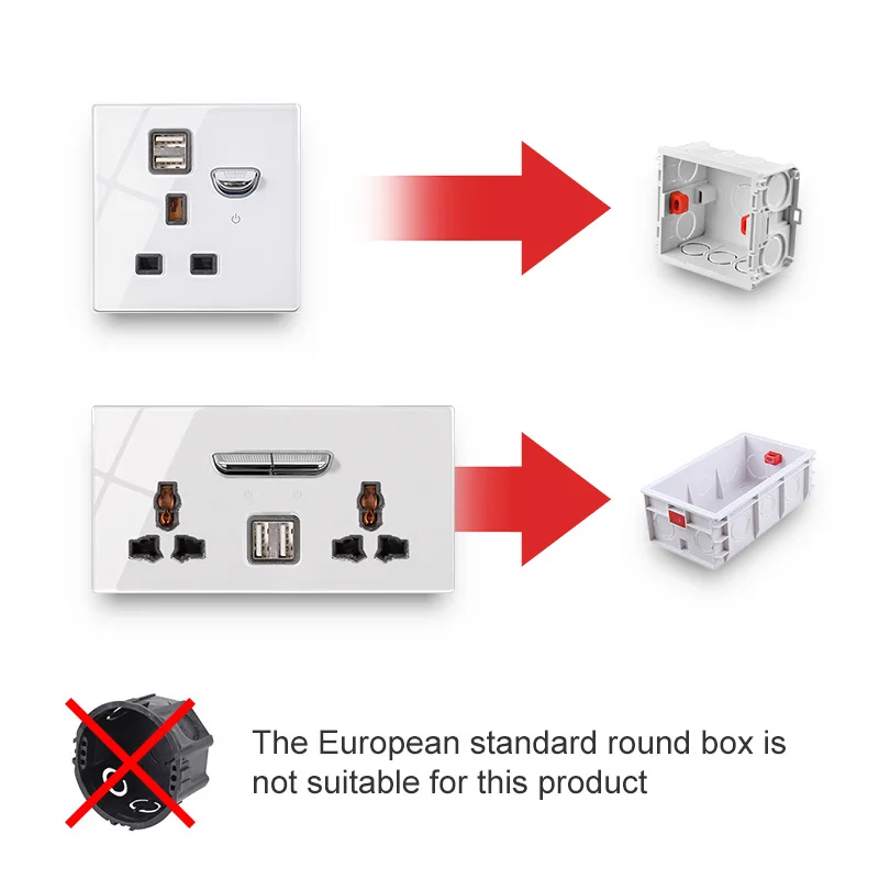Tempered Glass Panel Switch 1 2 3 4 Gang/2Way LED Indicator Universal Wall Socket with USB Speed Switch Light Switch White 86*86