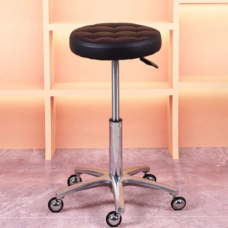 stool, Rotating, height-adjustable round designed for hair salons, nail salons, and barbershops; features a raised platform and