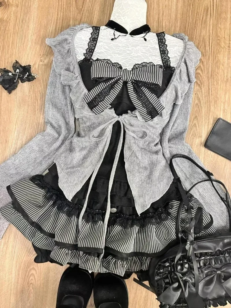 Sweet Lolita Lace Up Ruffles Cardigan Sexy Slim Fit Temperament Vest Tops Sweet Tiered Ruched Skirts  Autumn Three Piece Sets