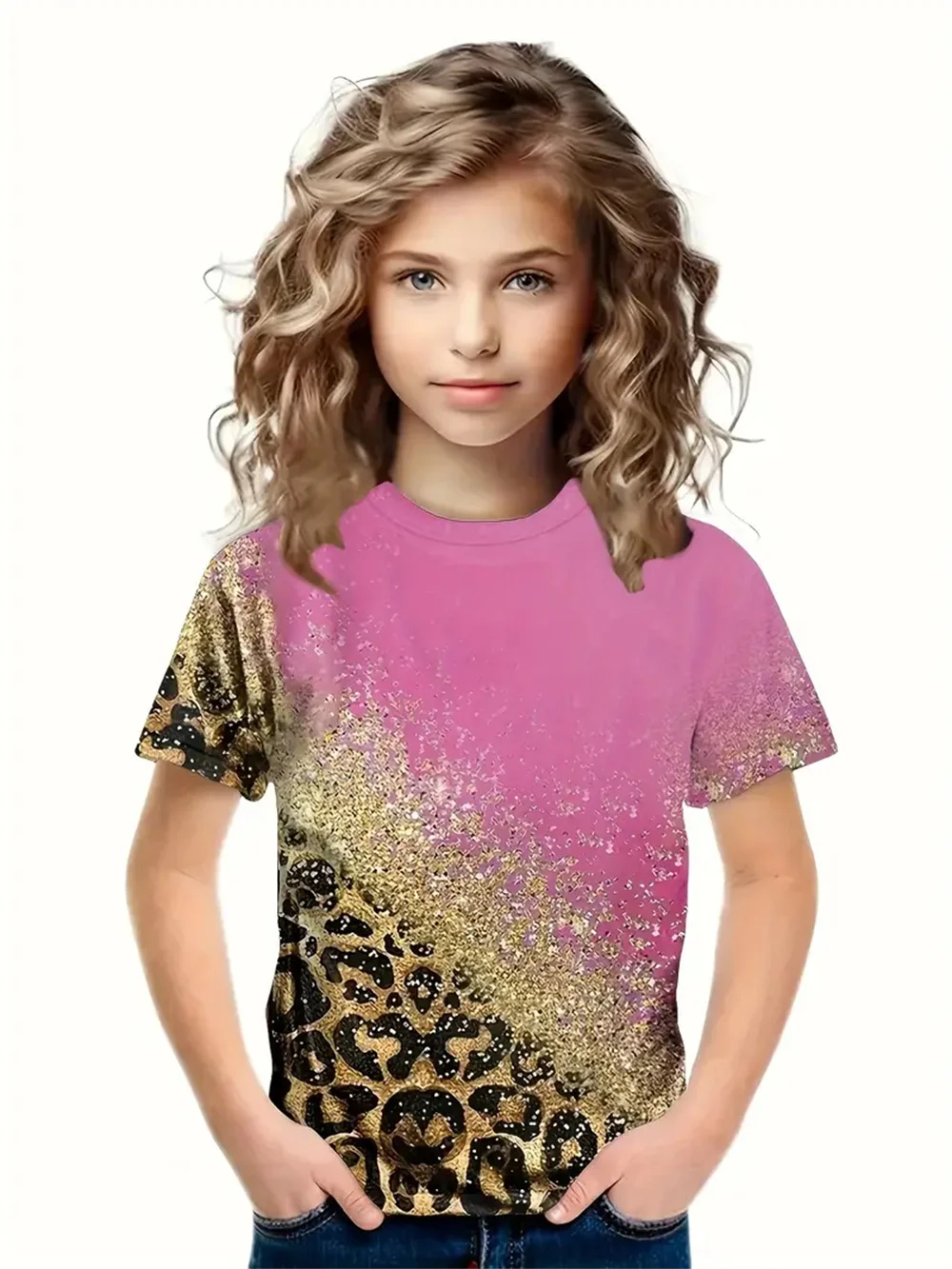 Camiseta infantil de manga curta estampada em 3D, tops casuais das meninas, roupas infantis, moda verão