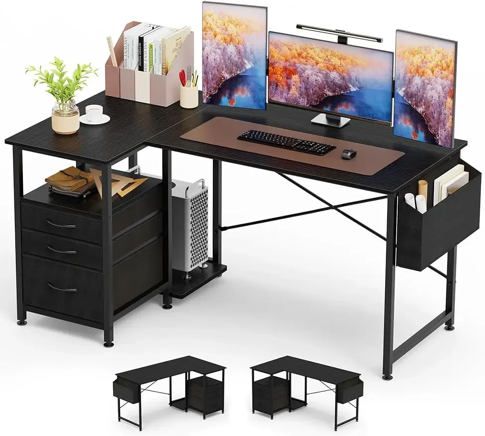 

3-Tier Fabric Drawers,55 inch Reversible Corner Computer Gaming Desk with CPU Stand & Storage Bag Shelves Work Study Table,Black