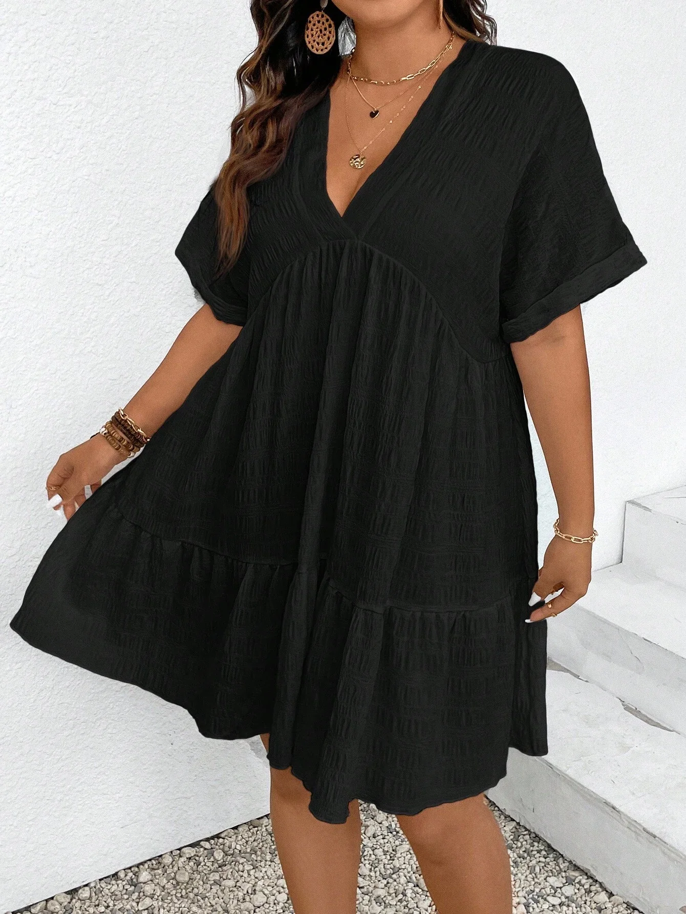 

Plus Size Women Summer V-Neck Batwing Sleeve Tiered Babydoll Dress