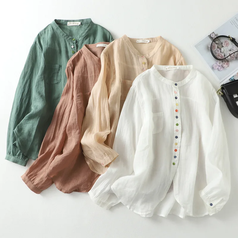 

Women Cotton Shirt Long Sleeve Single-breasted White Blouse Retro Thin Top Coat Tops Mujer Design Blouses