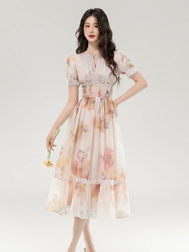 고품질 프랑스 휴가 비치 V넥 퍼프 소매 플로럴 여름 드레스 여성 2025 신상 패션 스윗 페어리 파티 롱 드레스