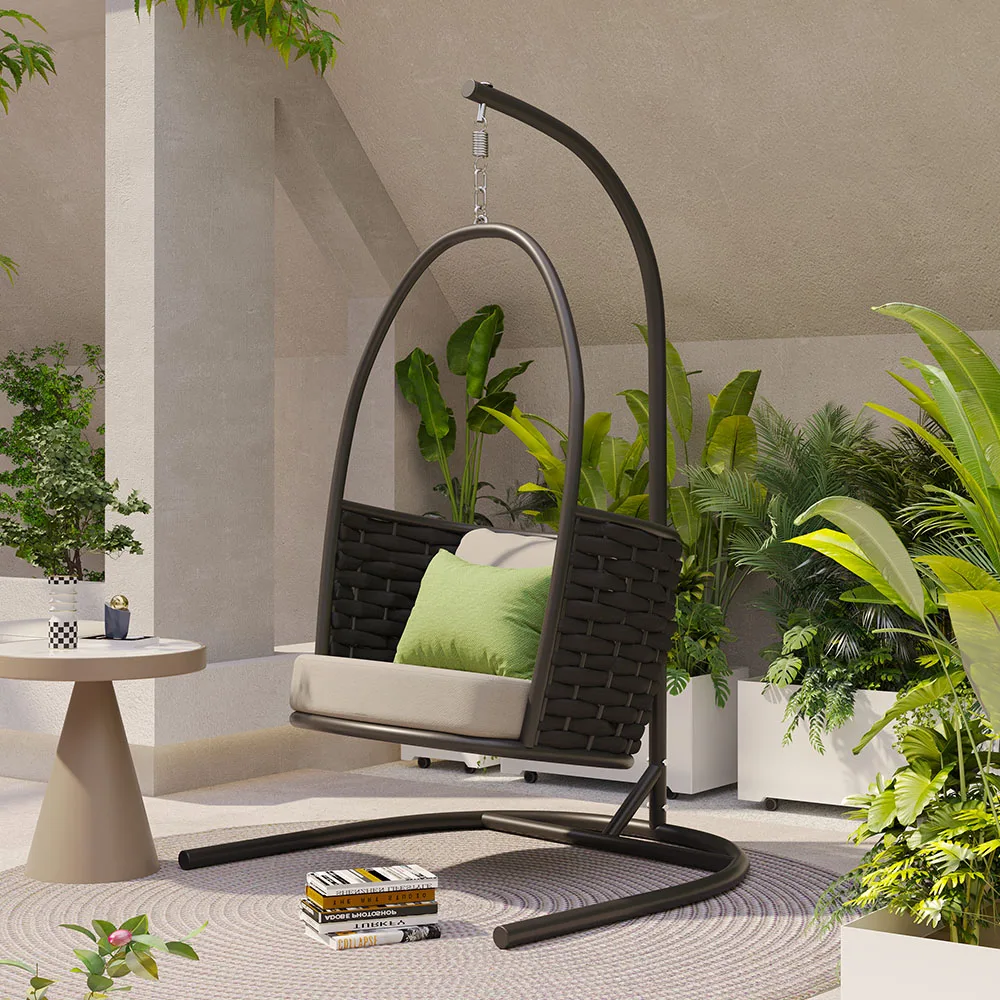 *Y- Hanging Swing Chair Outdoor Wicker Rattan Teardrop Chair with Stand and Cushion, Powder Coated Steel Frame for Patio Garden