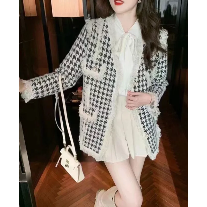 Manteau en laine pied-de-poule pour femme, vêtement haut de gamme, pour petites personnes, nouvelle collection automne et hiver 2025