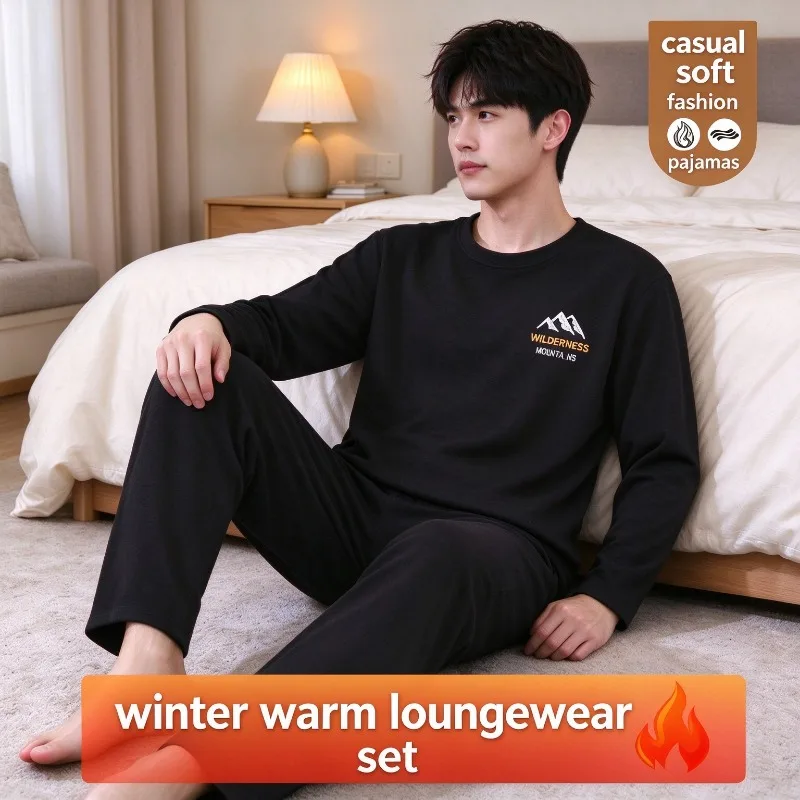 Oversized Men Pajamas 2 Piece Set Embroidery Fashion Large Size Sleepwear Round Neck Soft Warm Winter Loungewear Nightwear Loose