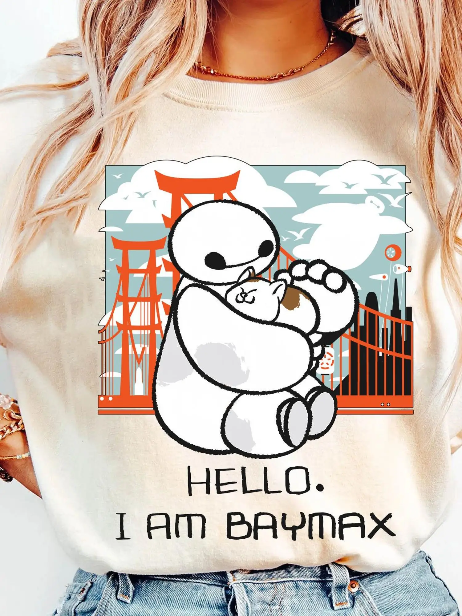 

Disney Big Hero 6 T-shirt - Baymax Hugs Cute Cat Men's and Women's Short Sleeve Sports Top Spring/Summer
