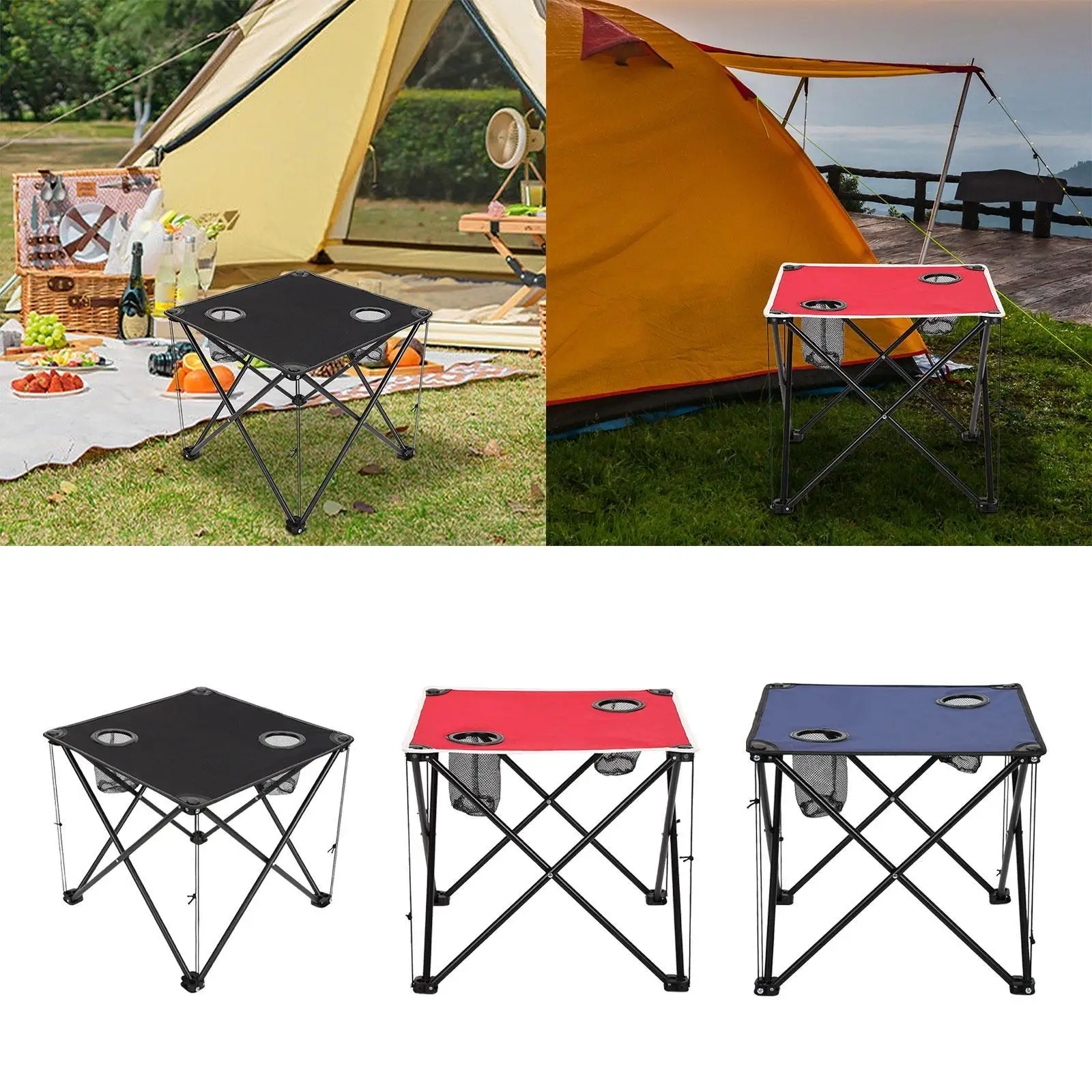 Folding Table with Cup Holders Iron Outdoor Table for Backyard Picnic Market