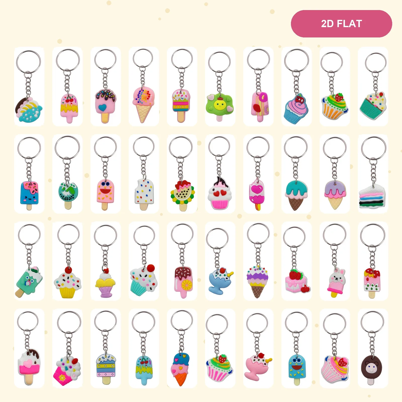40 Pcs Kawaii Keychain Set, 2D Flat Soft PVC Sweet Treats Charms, School Rewards for Teens and Students, Cute Styles,