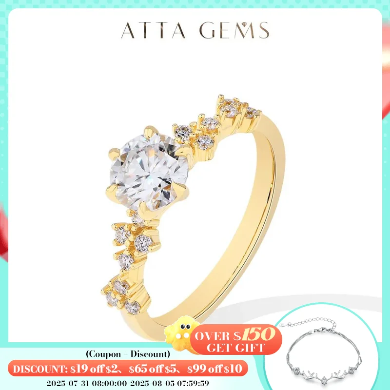 

ATTAGEMS 6.5mm 1CT Moissanite Ring for Women luxury Wedding Bride Christmas Jewelry Gift Solid 18K 14K 10K Yellow Gold Pass Test