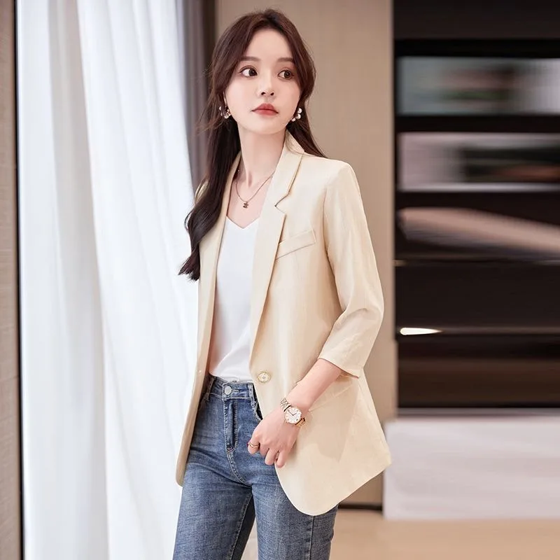 Lnsozkdg Women Blazer Three-quarter Sleeve Small Suit Jacket Female Spring 2024 New Short Slim All-match Office Ladies Blazers