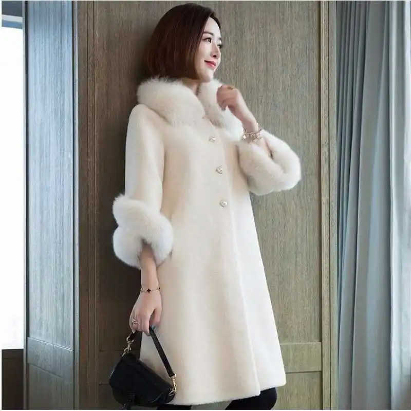 Autumn Luxury fake Fox Fur Collar Women Jacket Real Wool Fur Coats Long Warm Sheep Shearling Winter Coat Jacket